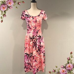 Leaves print short sleeve casual‎ knee length dress